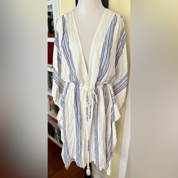lovestitch Dresses & Skirts - LoveStitch NWT Coverup Dress Poncho Tunic Drawstring Waist Tassles Stripe Print